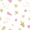 Watercolor seamless pattern with cute cartoon romantic golden unicorn, flowers, diamond, horn.