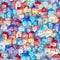 Watercolor seamless pattern with cute colorful houses. Background with multicolored city houses for textile fabric. Generative AI