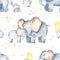 Watercolor seamless pattern with cute elephants for Mother and Father`s Day