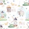 Watercolor seamless pattern with cute farm animals with goat, horse, goose and cow. chicken, sheep and pig domestic