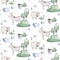 Watercolor seamless pattern with cute farm animals with goat, horse, goose and cow. chicken, sheep and pig domestic