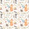Watercolor seamless pattern with cute fox, badger in forest school
