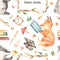 Watercolor seamless pattern with cute fox and badger in forest school