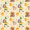Watercolor seamless pattern with cute gnome with bag, branches, owl, pointer, stump.