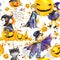 watercolor seamless pattern with cute kids in colorful halloween costumes.