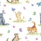 Watercolor seamless pattern with cute kittens