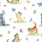 Watercolor seamless pattern with cute kittens
