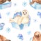 Watercolor seamless pattern cute little arctic walrus and ice seal