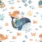 Watercolor seamless pattern with a cute mermaid girl on a whale, stone, fish, crab, corals, shells