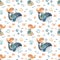 Watercolor seamless pattern with a cute mermaid girl on a whale, stone, fish, crab, corals, shells on a white background