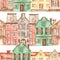 Watercolor seamless pattern with cute old houses of Europe, bridge, lanterns, birds, trees on a white background