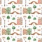 Watercolor seamless pattern with cute old houses of Europe, bridge, lanterns, birds, trees on a white background