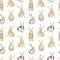 Watercolor seamless pattern with cute rabbits. Hand drawn brown little bunny animals sitting, standing and back view