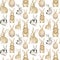 Watercolor seamless pattern with cute rabbits. Hand drawn brown little bunny animals sitting, standing and back view