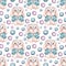 Watercolor seamless pattern with cute rabbits and polka dots. Wild animals with blue and violet polka dot. Hand-drawn adorable