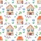 Watercolor seamless pattern with cute sweet houses, leaves, flowers.