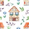 Watercolor seamless pattern with cute sweet houses, leaves, flowers.