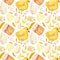 Watercolor seamless pattern, delicate leaves, cute chicken, eggs, cake on a white background.