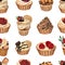 Watercolor seamless pattern dessert with wildberry, baked fresh berry tart with cream. Hand-drawn illustration isolated