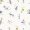 Watercolor seamless pattern with different birds. Hand drawn illustration.