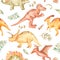 Watercolor seamless pattern with dinosaurs, mountains, palm trees, plants.