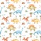 Watercolor seamless pattern with dinosaurs, mountains, palm trees, plants.