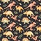 Watercolor seamless pattern with dinosaurs, mountains, palm trees, plants.