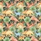 Watercolor seamless pattern with dinosaurs, mountains, palm trees, plants.