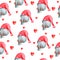 Watercolor seamless pattern of dwarfs and hearts. Cute fairy gnomes