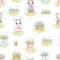 Watercolor seamless pattern with Easter bunnies, bucket, gumboots and basket with flowers in the meadow