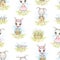 Watercolor seamless pattern with Easter bunnies, flowers and basket in the meadow