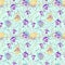 Watercolor seamless pattern with Easter colorful eggs. Pansy flowers and blooming willow branches.