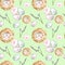 Watercolor seamless pattern with easter eggs, bird nest, pussy willow tree branch on green background. Easter symbols