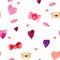 Watercolor seamless pattern of envelopes, hearts, bows, carameles and confetti