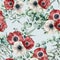 Watercolor seamless pattern with eucalyptus leaves and anemone. Hand painted red and white anemones, green brunch on