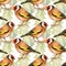 Watercolor seamless pattern of European goldfinch and holly isolated on white.