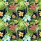 Watercolor seamless pattern with exotic plants, flowers and leaves on dark blue background. Summer tropical print. Green palm leaf