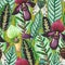 Watercolor seamless pattern with exotic tropical leaves, cicada insects and orchid flowers