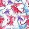 Watercolor seamless pattern with fairy dragons, crystals.