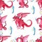 Watercolor seamless pattern with fairy dragons, crystals.