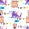 Watercolor seamless pattern with fairy dragons, crystals.