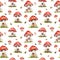 Watercolor seamless pattern with fairy-tale fly agaric mushroom houses and leaves isolated on white background. C