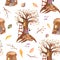 Watercolor seamless pattern with fairytale tree and stump.