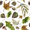 Watercolor seamless pattern with fall leaves. Hand painted green and yellow autumn leaves, mushrooms, pine cone, acorn