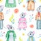 Watercolor seamless pattern with family of mice