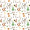 Watercolor seamless pattern with farm animals, donkey, goat, rooster, goose on a white background