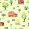 watercolor seamless pattern farm houses and pets