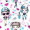 Watercolor seamless pattern with fashion teenagers. Glamorous girls with ice cream and phone, grunge girl with lemonade