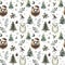 Watercolor seamless pattern with festive bears in hat, owls, decorated trees and winter snowflakes isolated on white background
