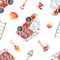 Watercolor seamless pattern with fire engine and fire equipment on white background